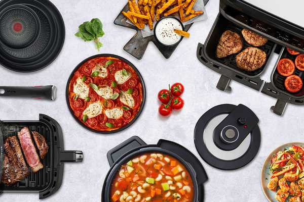 A range of Tefal products including Ingenio pans, air fryers, and a slow cooker, with food surrounding them